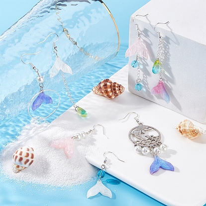 SUNNYCLUE 131 Pieces Mermaid Tail Cellulose Acetate(Resin) Pendants, Glass Beads & Charms, Alloy Links and Brass Findings, for DIY Ocean Themed Dangle Earrings