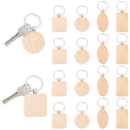 20Pcs 4 Style Beech Wood Keychain, with Platinum Plated Iron Split Key Rings, Mix-shaped