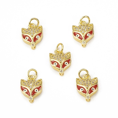 Brass Micro Pave Cubic Zirconia Charms, with Jump Ring & Enamel Evil Eye, Fox Head Charm, Golden