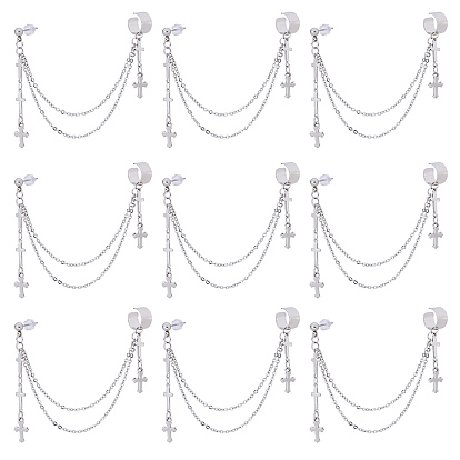 12шт 304 серьги-каффы из нержавеющей стали, с кабельными цепями, латунная серьга и пластиковые ушные гайки, крестик