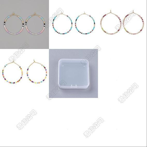 4 Pairs 4 Colors Bohemian Style Miyuki Seed Beaded Hoop Earrings, Native American Tribal Style Earrings
