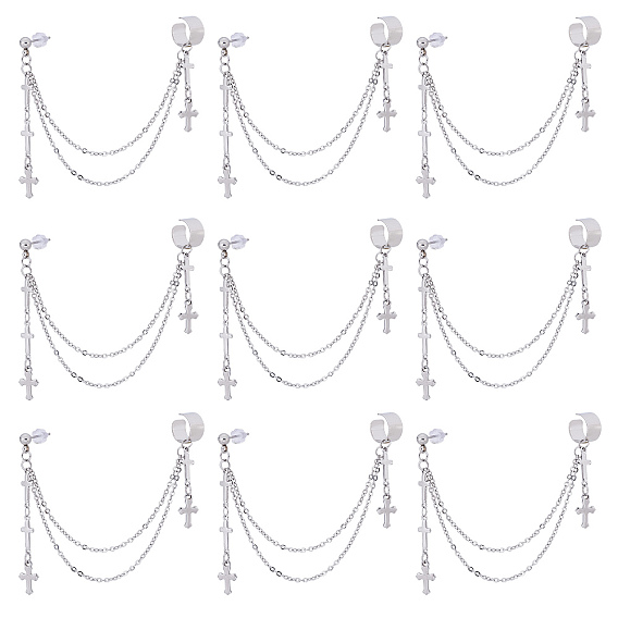 12шт 304 серьги-каффы из нержавеющей стали, с кабельными цепями, латунная серьга и пластиковые ушные гайки, крестик