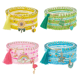 32шт 32 набор браслетов из стеклянных бусинок в стиле стрейч, Клевер, пчела, радуга и фламинго, сплав, эмаль, хлопковые подвески с кисточками, штабелируемые браслеты для женщин