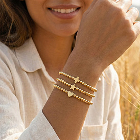 3 Набор минималистичных эластичных браслетов из латунных бусин для женщин, круглый крест, звезда и сердце