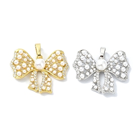 Rack Plating Brass Pave Cubic Zirconia Pendants, with Plastic Imitation Pearl, Bowknot, Long-Lasting Plated, Lead Free & Cadmium Free