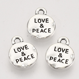 Tibetan Style Alloy Pendants, Cadmium Free & Nickel Free & Lead Free, Flat Round with Word Love & Peace