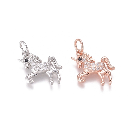 Brass Micro Pave Clear Cubic Zirconia Pendants, with Jump Rings, Unicorn