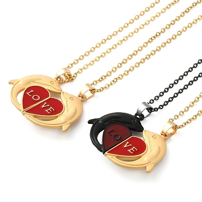 2Pcs 2 Color Alloy Magnetic Dolphin Pendant Necklaces Set, Matching Couple Lover Heart Necklaces for Valentine's Day