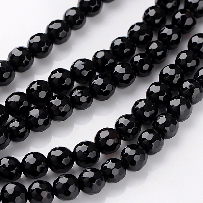 Natural Black Onyx Beads Strands, Faceted(64 Facets) Round, Dyed & Heated