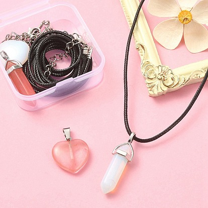 DIY Stone Pendant Necklace Making Kit, Including Heart & Bullet Opalite & Cherry Quartz Glass Pendants, Waxed Cotton Cord Necklace Making