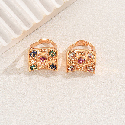 Геометрические квадратные латунные микропаве кубические цирконии регулируемые кольца для женщин, золотые