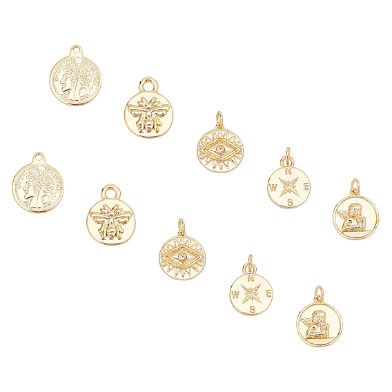10Pcs 5 Style Brass Charms & Pendant Rhinestone Settings, Long-Lasting Plated, Flat Round with Human & Bee & Evil Eye & Angel & Compass