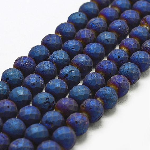 Electroplated Natural Druzy Geode Crystal Beads Strands, Round, Faceted, Dyed