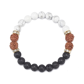 Natural Rudraksha & Howlite & Lava Rock Round Beaded Stretch Bracelet, Essential Oil Gemstone Yoga Jewelry for Women