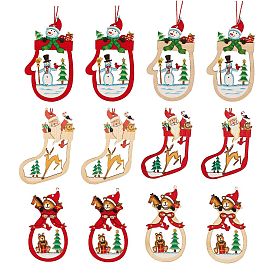 12Pcs 6 Style Mixed Shapes Wooden Ornaments, Christmas Tree Hanging Decorations, for Christmas Party Gift Home Decoration