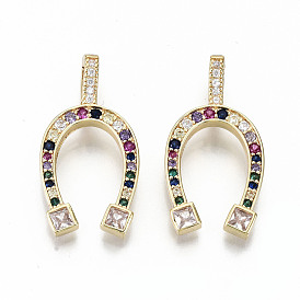 Brass Micro Pave Colorful Cubic Zirconia Pendants, Nickel Free, Horseshoe Shape