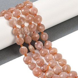 Natural Peach Moonstone Beads Strands, Faceted, Flat Round, with Seed Beads