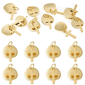 10Pcs Brass Pendants, with 304 Stainless Steel Jump Rings, Cross with Flat Round