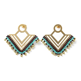Woven Glass & Brass Beaded Triangle Dangle Stud Earrings with Vacuum Plating 304 Stainless Steel Pins