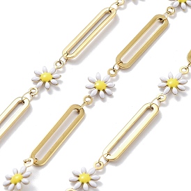 304 Stainless Steel Link Chains, with Resin & Enamel & Spool, Unwelded, Real 18K Gold Plated, Flower