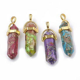 Synthetic Gold Line Regalite/Imperial Jasper/Sea Sediment Jasper Double Terminated Pointed Pendants, with Brass Findings, Dyed, Bullet