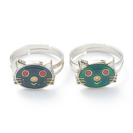 Adjustable Iron Finger Rings, with Epoxy, Changing Color Mood Rings, Cat Shape, Platinum