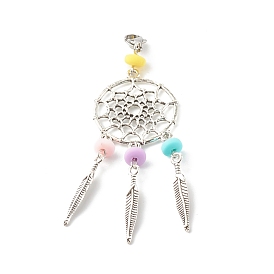 Tibetan Style Alloy Big Pendants, with Feather Alloy Pendants & Lobster Claw Clasps, Handmade Polymer Clay Beads, Woven Net/Web