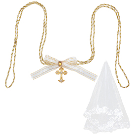 1Свадебная фата из полиэстерового кружева белого цвета, с 1поликарбонатным сплавом, украшенным стразами, крестом, макраме, полиэстеровым шнуром, подвесными украшениями