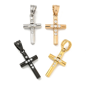 304 Stainless Steel Pendants, with Cubic Zirconia, Cross Charm