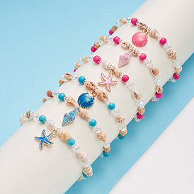 Natural Shell Link Bracelets, Starfish/Shell/Conch Enamel Charm Bracelets for Women