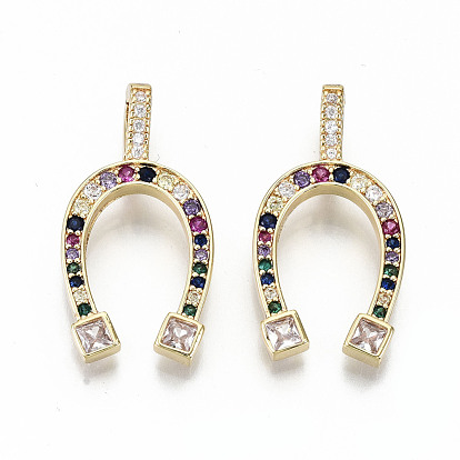 Brass Micro Pave Colorful Cubic Zirconia Pendants, Nickel Free, Horseshoe Shape