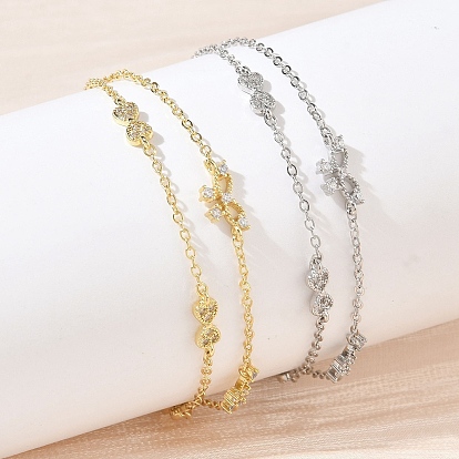 Bracelets à maillons en laiton sertis de micro-pavés de zirconiums cubiques transparents et ornés d'un nœud papillon 2, plaqué longue durée, crémaillère plaquage, sans plomb et sans cadmium