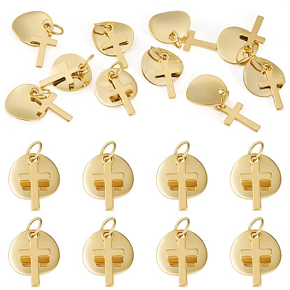 10Pcs Brass Pendants, with 304 Stainless Steel Jump Rings, Cross with Flat Round