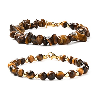 Natural Tiger Eye Beaded Bracelets Set, with Brass Beads & 304 Stainless Steel Lobster Claw Clasps
