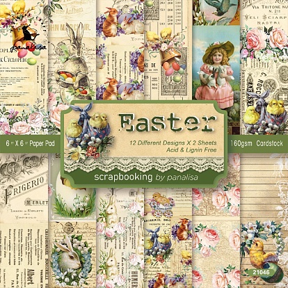 24 Sheets 12 Patterns Easter Themed Scrapbook Paper Pads, for DIY Album Scrapbook, Background Paper, Diary Decoration, Rabbit & Easter Egg & Flower & Chick, Easter Theme Pattern