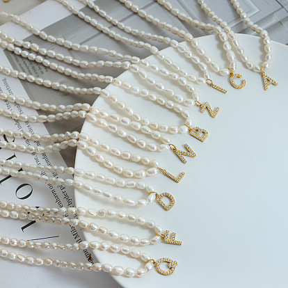 Zircon-embellished freshwater pearl alphabet necklace pendant - titanium steel chain.