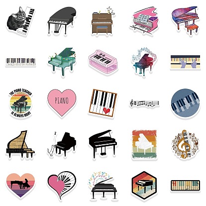 50Pcs PVC Waterproof Piano Stickers, Self-adhesive Musical Instruments Decals, for Suitcase, Skateboard, Refrigerator, Helmet, Mobile Phone Shell