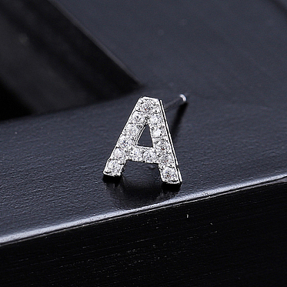 Platinum Brass Micro Pave Cubic Zirconia Stud Earrings, Initial Letter