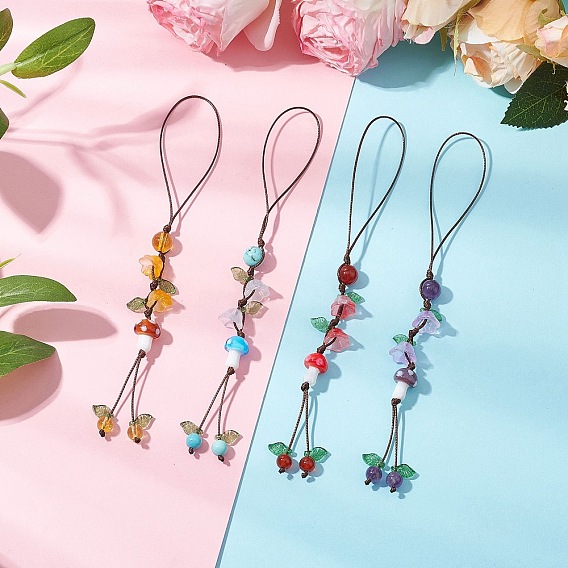 Круглые подвески из натурального аметиста, кварца, сердолика, синтетического цитрина и зеленой бирюзы, с грибами из бусин лэмпворк ручной работы