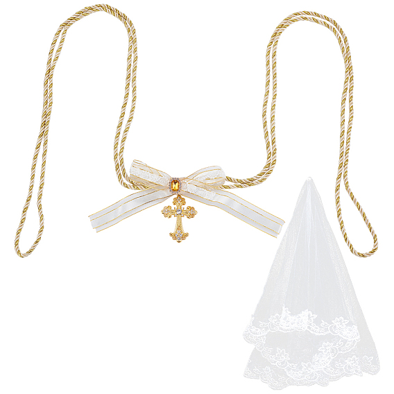 1Свадебная фата из полиэстерового кружева белого цвета, с 1поликарбонатным сплавом, украшенным стразами, крестом, макраме, полиэстеровым шнуром, подвесными украшениями