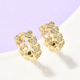 Серьги-кольца из латуни с микропаве и прозрачным кубическим цирконием в форме сердца, стойки покрытие, долговечный, без кадмия и без свинца