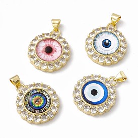 Rack Plating Brass Micro Pave Clear Cubic Zirconia Pendants, with Resin, Real 18K Gold Plated, Long-Lasting Plated, Cadmium Free & Lead Free, Flat Round with Evil Eye