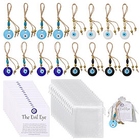 Плоская круглая подвеска ручной работы с элементами от сглаза из стекла и дерева, с подарочными пакетами из органзы и бумажными открытками, золотые