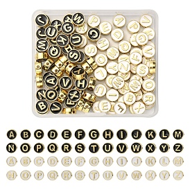 104Pcs 52 Style Alloy Enamel Beads, Cadmium Free & Lead Free, Light Gold, Flat Round with Alphabet