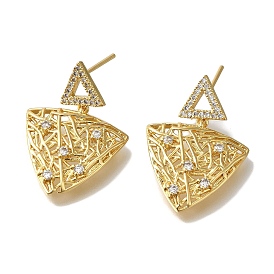 Rack Plating Brass Micro Pave Clear Cubic Zirconia Stud Earrings, Long-Lasting Plated, Triangle