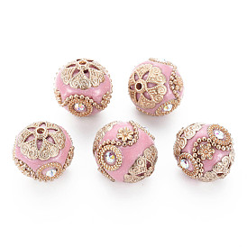 Handmade Indonesia Beads, with Crystal AB Rhinestone and Golden Tone Brass Findings, Round