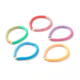 Polymer Clay Heishi Surfer Stretch Bracelet with Brass Heart, Preppy Bracelet for Women