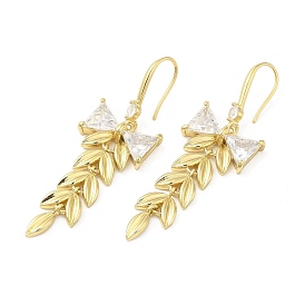 Cubic Zirconia Leaf & Bowknot Dangle Earrings, Brass Long Drop Earrings for Women