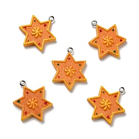Opaque Resin Pendants, with Platinum Tone Iron Loops, Imitation Gingerbread, Christmas Theme, Hexagram