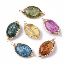 Natural Quartz Crystal Links Connectors, Dyed, Wire Wrapped Links, with Brass Wires, Oval, Light Gold